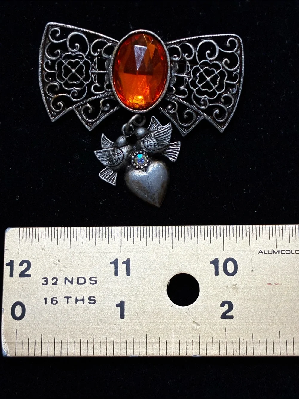 Vintage EUC Heart Dangle Brooch / Antiqued Brass Bow Heart Crystal  Brooch